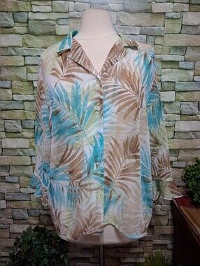 Alfred Dunner Sheer Tropical Leaf Button-Front Blouse